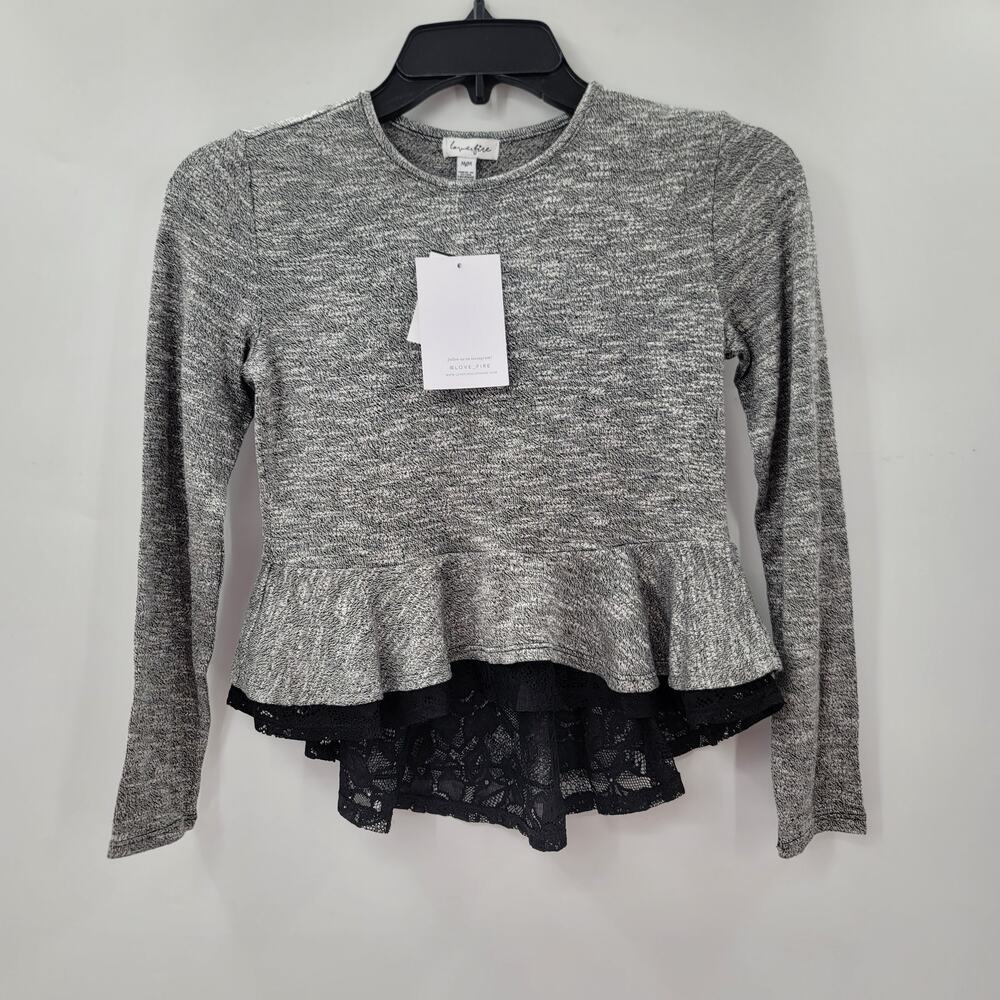 Love, Fire Medium Blouse Top Shirt Peplum Waist Ruffle Long Sleeve BlkWh Marled